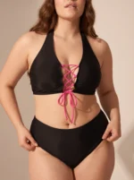Women Two Piece Plus Size Strappy Criss Cross High Waisted Lace up Swimsuit - Image 5