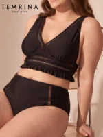 Women Two Piece Plus Size Tankini Set Mesh Hollow Out High Waisted Swimsuit