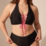Women Two Piece Plus Size Strappy Criss Cross High Waisted Lace up Swimsuit
