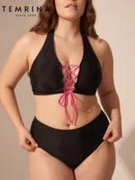 Women Two Piece Plus Size Strappy Criss Cross High Waisted Lace up Swimsuit