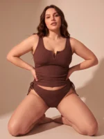 Women Two Piece Plus Size Tankini Set Ribbed Knit High Waisted Swimsuit - Image 3
